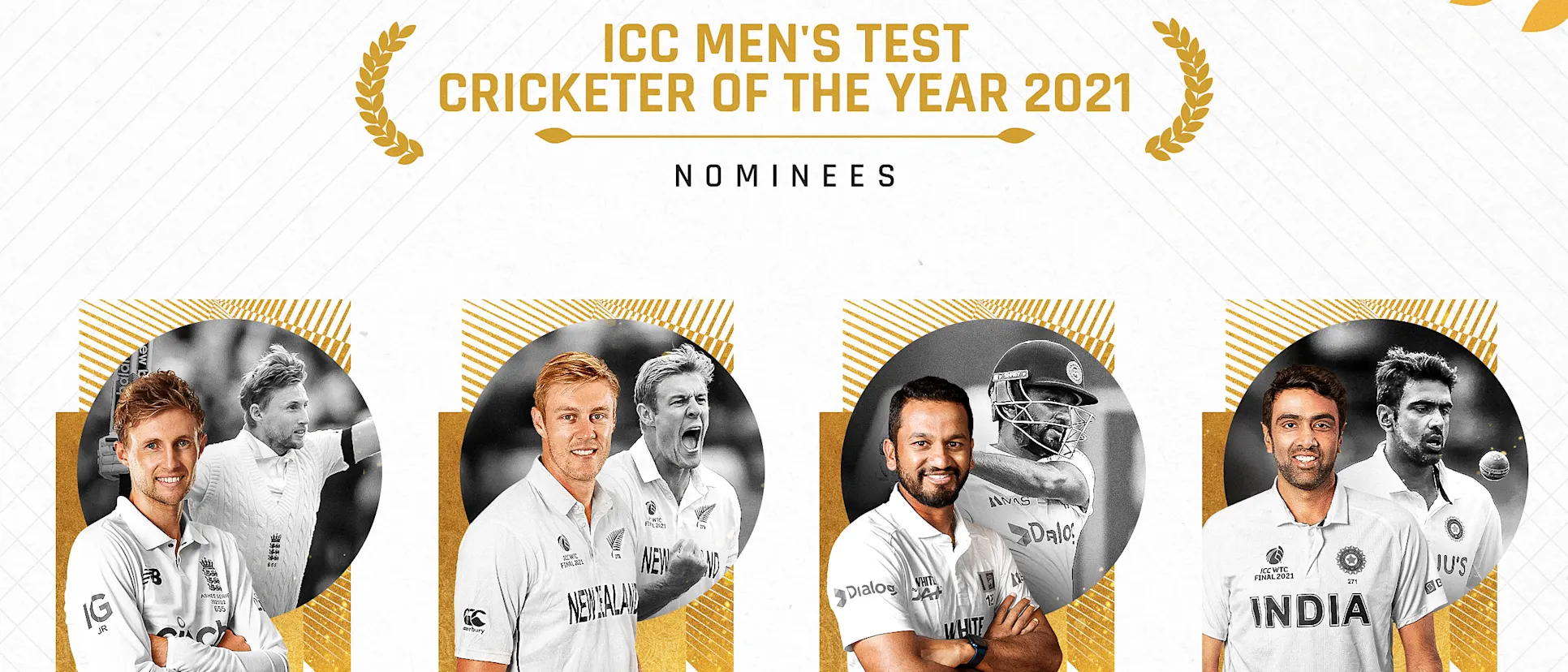 Logo of Root, Ashwin, Jamieson and Karunaratne – the nominees for the ICC Men's Test Player of the Year 2021 award