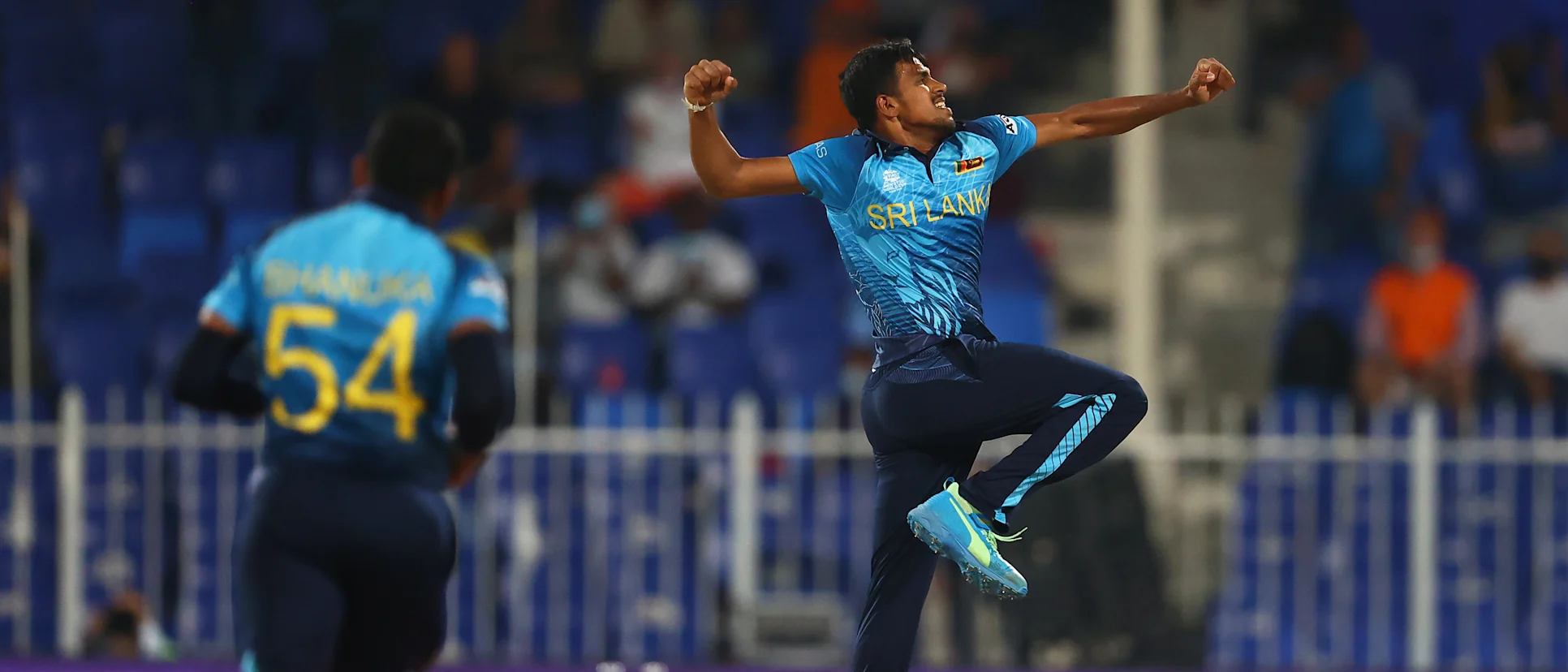 Maheesh Theekshana of Sri Lanka celebrates the wicket of Ben Cooper of Netherlands during the ICC Men's T20 World Cup match between Sri Lanka and Netherlands at Sharjah Cricket Stadium on October 22, 2021 in Sharjah, United Arab Emirates.