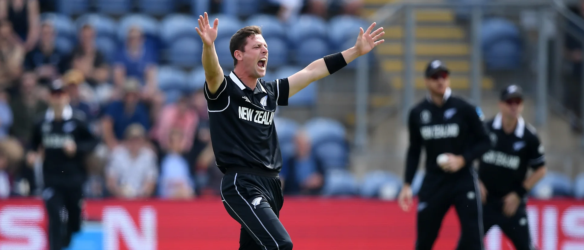 Logo of Matt Henry celebrates a wicket against Sri Lanka in Cardiff at the 2019 ICC Cricket World Cup