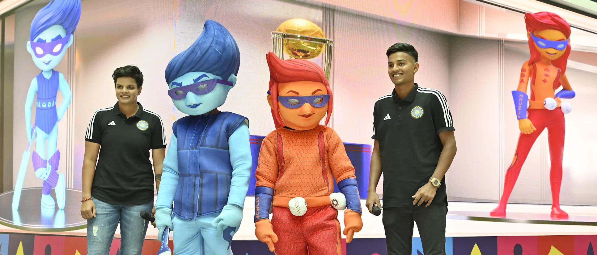 Logo of Shafali Verma and Yash Dhull were present at the unveiling of ICC Men's Cricket World Cup 2023 mascots