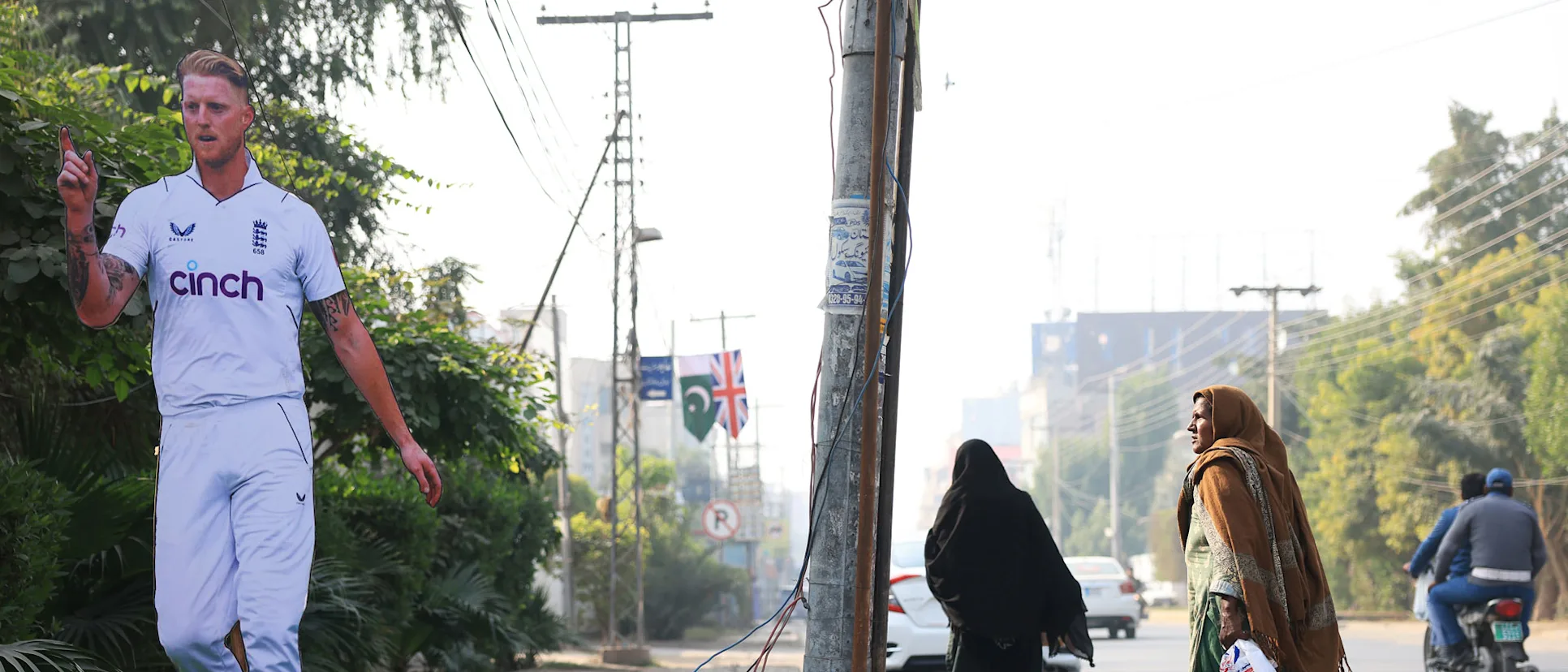 Logo of A roadside image of Ben Stokes is seen in Multan