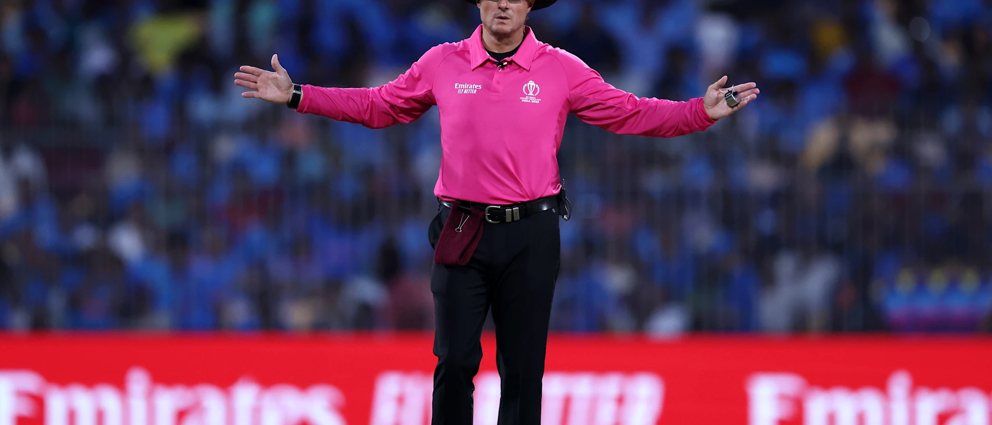Logo of Umpire Richard Kettleborough reacts during the ICC Men's Cricket World Cup India 2023 between India and Australia at MA Chidambaram Stadium on October 08, 2023 in Chennai, India.