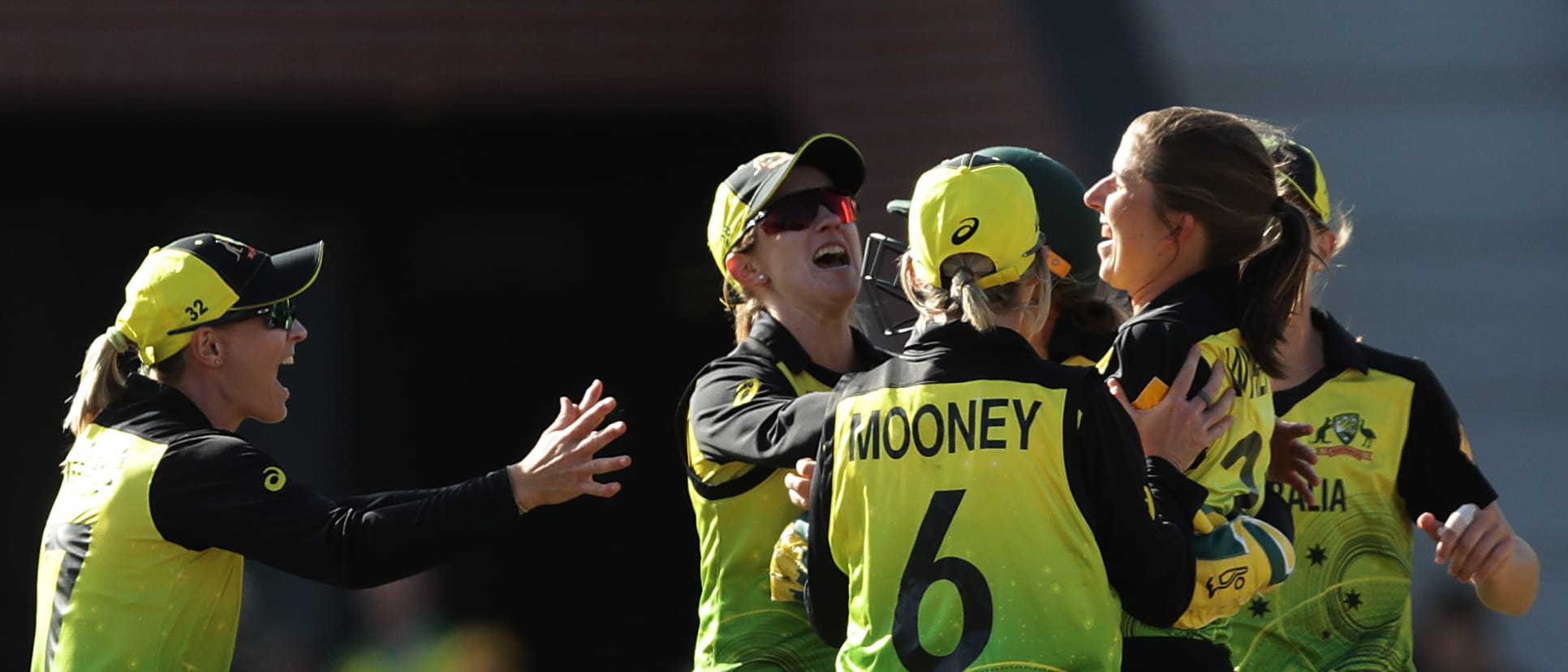 Georgia Wareham of Australia celebrates with team mates after taking the wicket of Sophie Devine of New Zealand during the ICC Women's T20 Cricket World Cup match between Australia and New Zealand at Junction Oval on March 02, 2020.