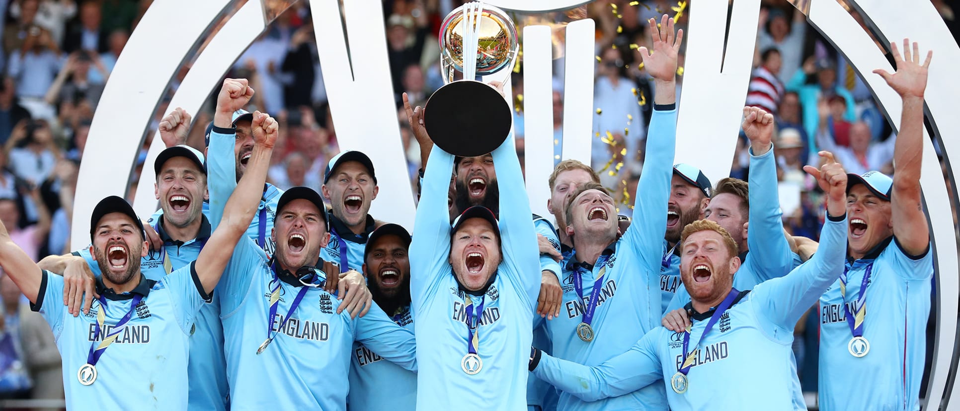 England captain Eoin Morgan lifts the ICC World Cup trophy during the Final of the ICC Cricket World Cup 2019 between New Zealand and England