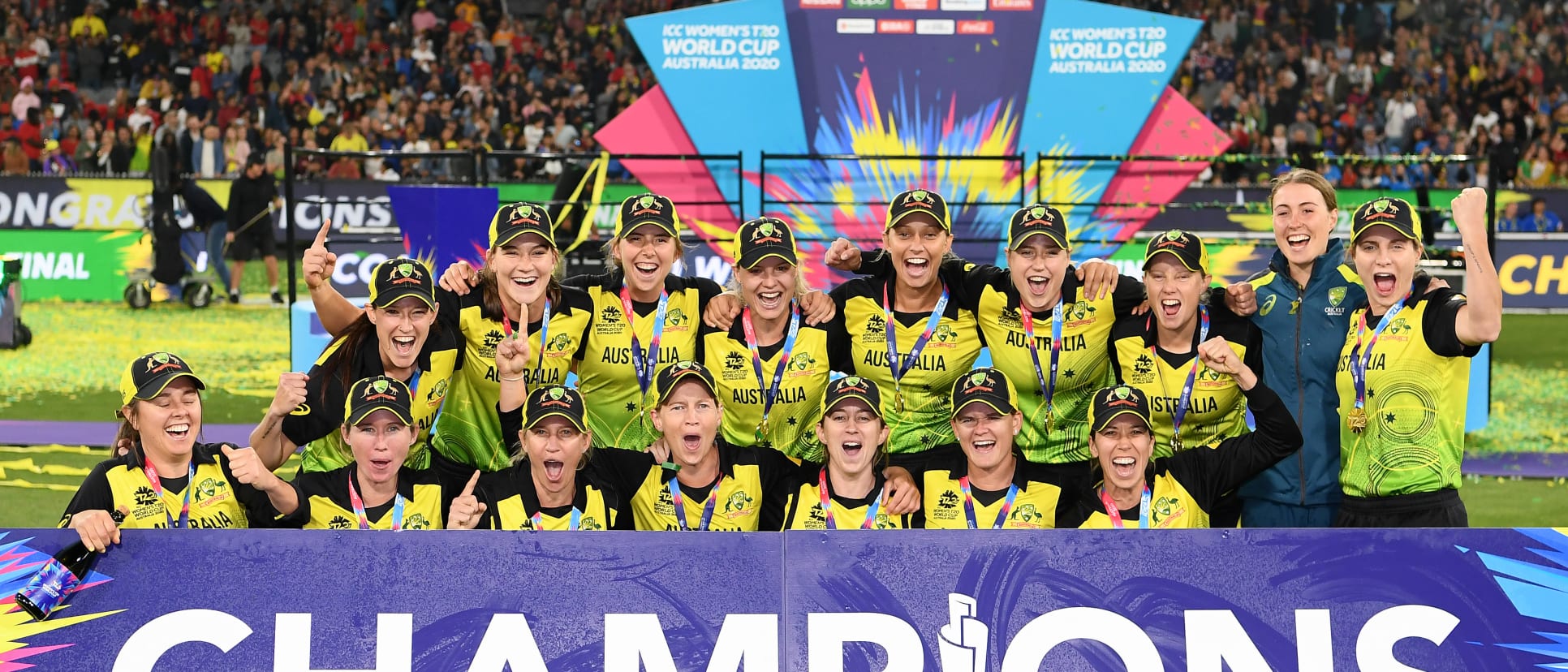 Australia celebrate after winning the ICC Women's T20 Cricket World Cup Final match between India and Australia at the Melbourne Cricket Ground on March 08, 2020 in Melbourne, Australia.