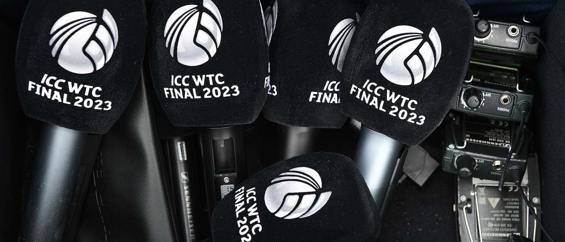 Branded microphones in a bag pictured during an Australia training session prior to the ICC World Test Championship Final 2023