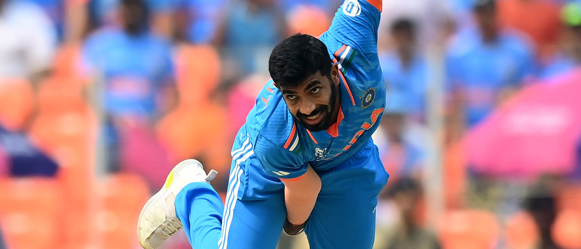 Jasprit Bumrah of India bowls during the ICC Men's Cricket World Cup India 2023 match between India and Pakistan at Narendra Modi Stadium