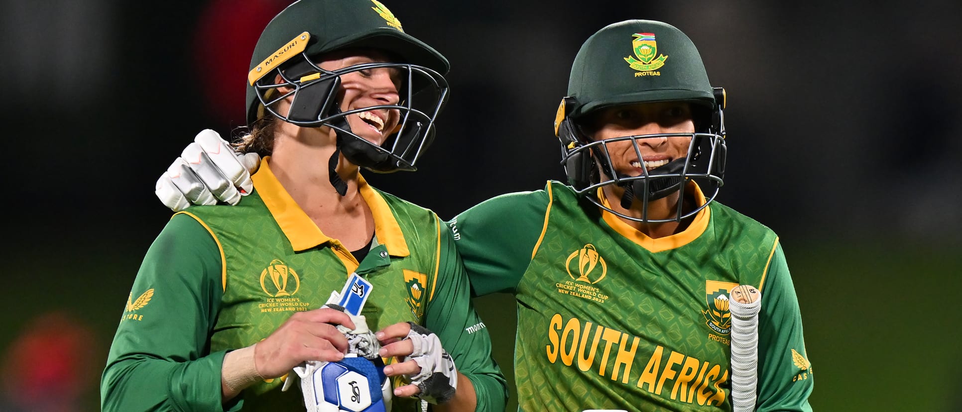 Shabnim Ismail and Mignon Du Preez of South Africa celebrate their victory during the 2022 ICC Women's Cricket World Cup match between India and South Africa at Hagley Oval on March 27, 2022 in Christchurch, New Zealand.