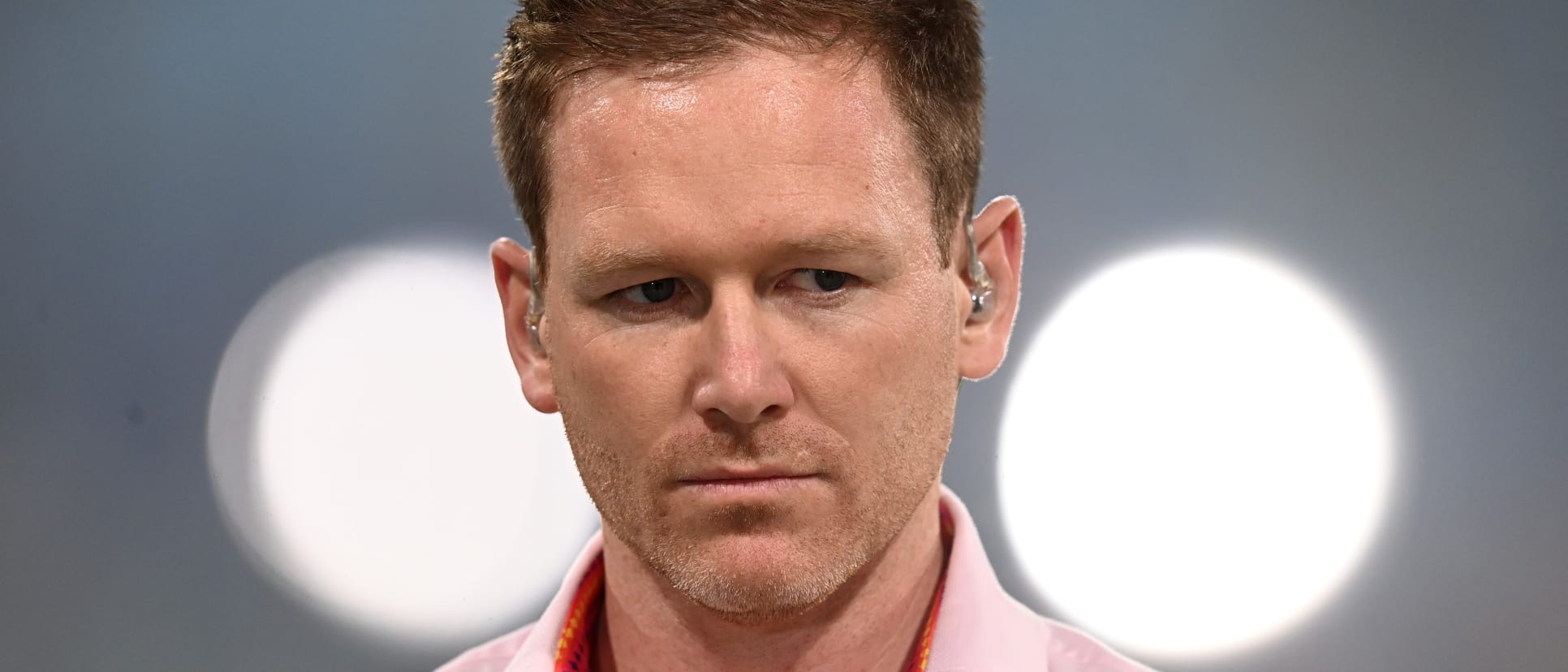 Former England captain and Sky Sports commentator Eoin Morgan during the ICC Men's Cricket World Cup India 2023 between India and England at BRSABVE Cricket Stadium on October 29, 2023 in Lucknow, India.