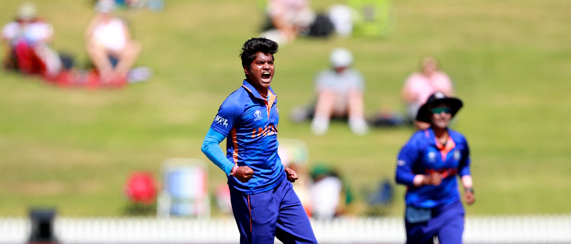 Pooja Vastrakar of India celebrates dismissing Sophie Devine of New Zealand during the 2022 ICC Women's Cricket World Cup match between New Zealand and India at Seddon Park on March 10, 2022 in Hamilton, New Zealand.