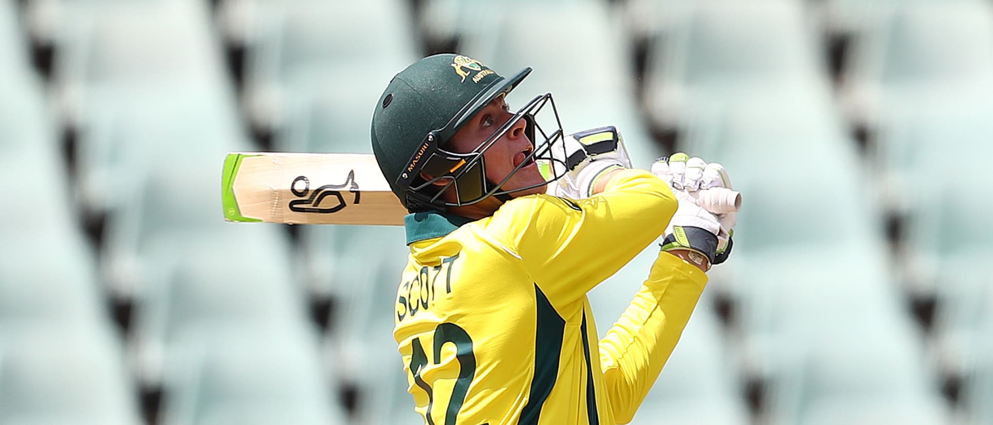 Liam Scott of Australia hits a six during the ICC U19 Cricket World Cup 5th Place Play-Off match between West Indies and Australia at Willowmoore Park on February 07, 2020 in Benoni, South Africa.