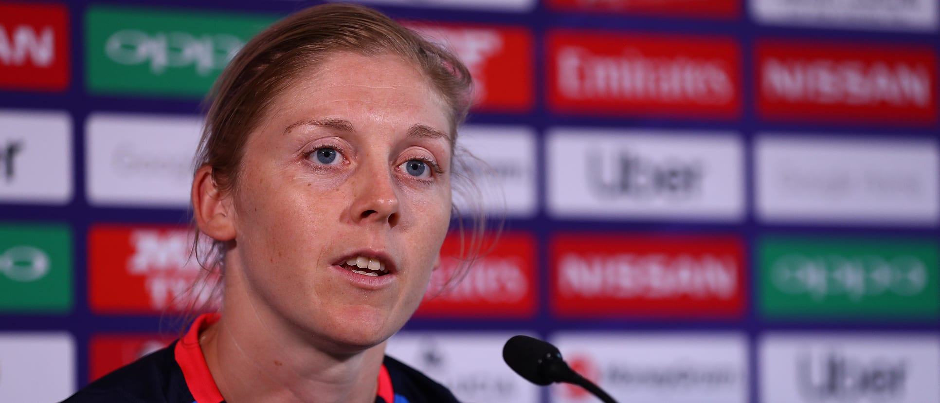 Heather Knight of England talks to media after the ICC Women's World T20 2018 match between England and Sri Lanka at Darren Sammy Cricket Ground on November 10, 2018 in Gros Islet, Saint Lucia.