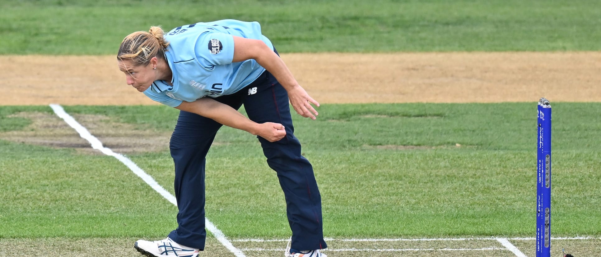 Katherine Brunt of England bowls during the 2022 ICC Women's Cricket World Cup match between England and Pakistan at Hagley Oval on March 24, 2022 in Christchurch, New Zealand.