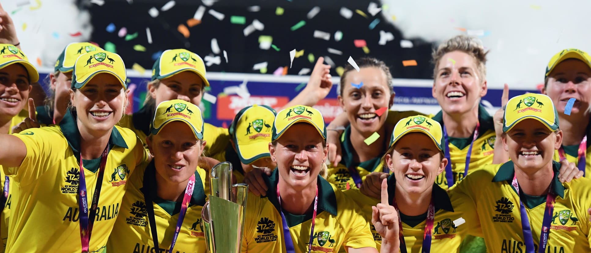 Meg Lanning of Australia celebrates with the trophy during the ICC Women's World T20 2018 Final between Australia and England at Sir Vivian Richards Cricket Ground on November 24, 2018 in Antigua, Antigua and Barbuda.