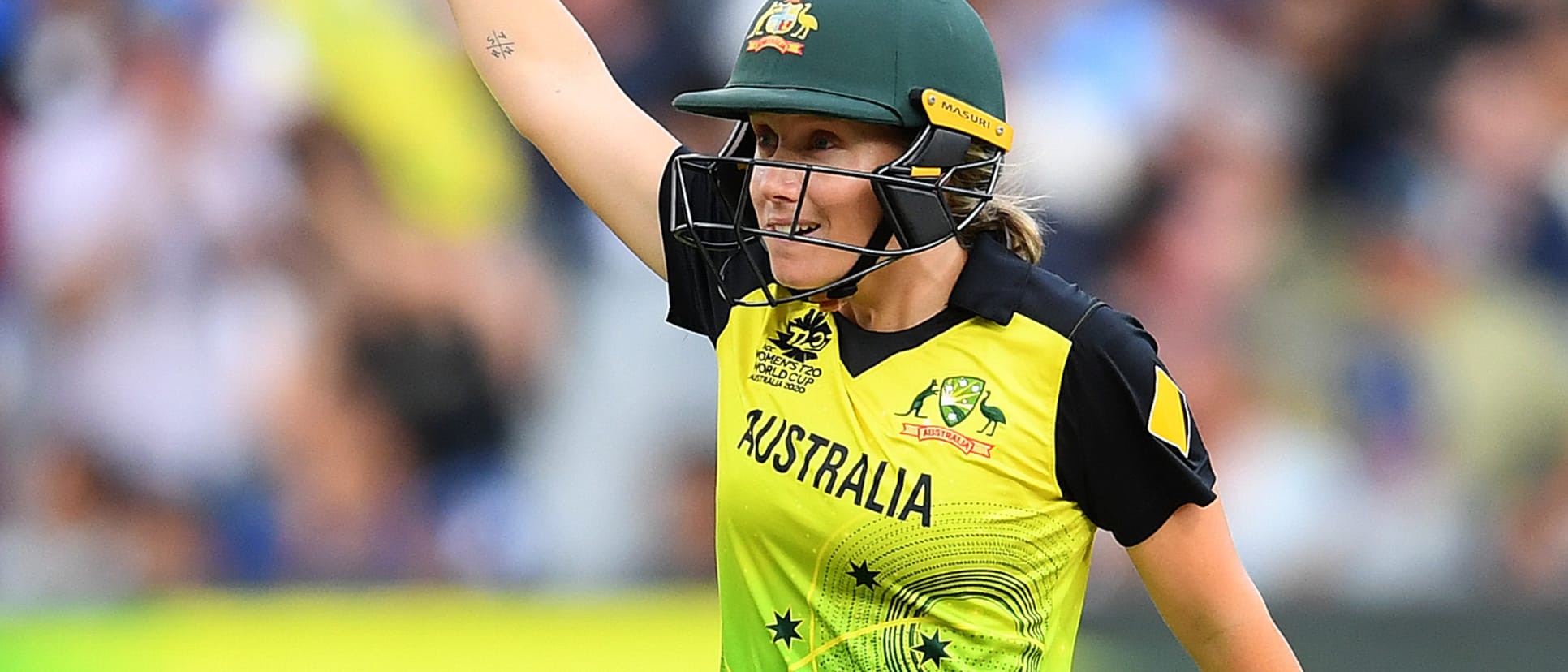 Alyssa Healy of Australia celebrates bringing up her 50 during the ICC Women's T20 Cricket World Cup Final match between India and Australia at the Melbourne Cricket Ground on March 08, 2020 in Melbourne, Australia.