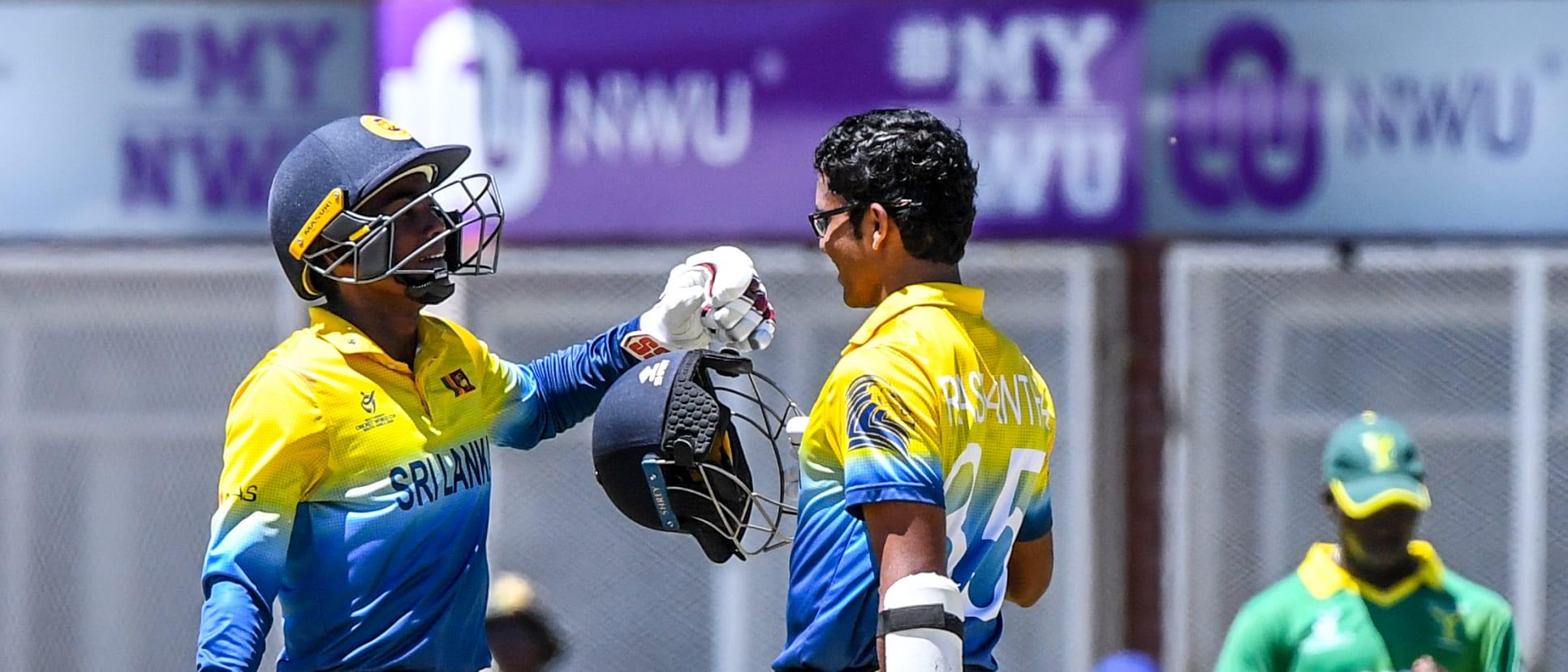 Ravindu Rashantha of Sri Lanka celebrates a century during the ICC U19 Cricket World Cup Plate Quarter Final 1 match between Sri Lanka and Nigeria at Ibbies Oval on January 27, 2020 in Potchefstroom, South Africa.