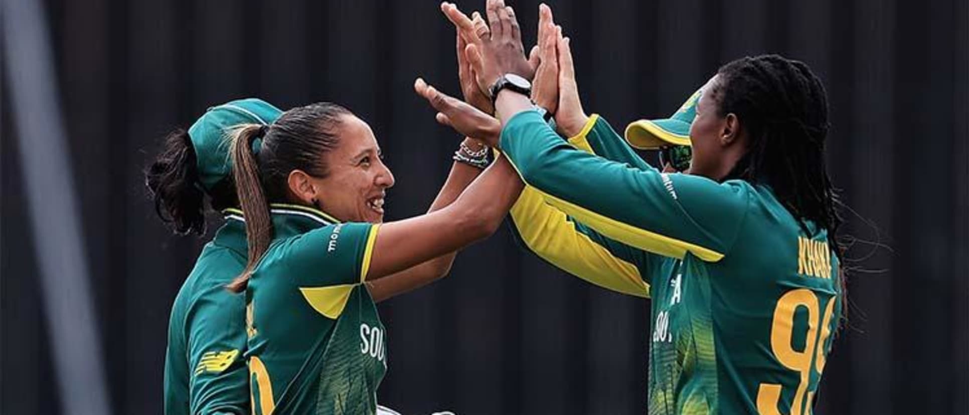 Shabnim Ismail of South Africa is congratulated on the wicket of Smriti Mandhana of India during the ICC Women's World Cup 2017 match between South Africa and India