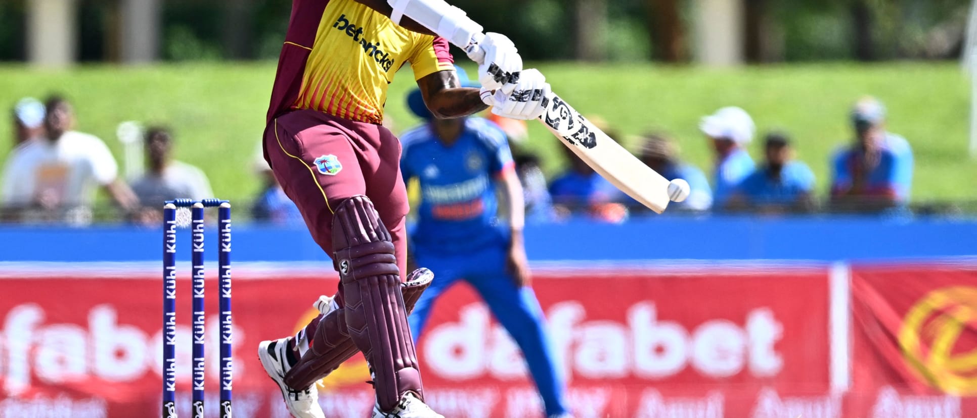 Kyle Mayers, of West Indies, takes a shot during the fourth T20i cricket match between India and West Indies at Central Broward Regional Park in Lauderhill, Florida, on August 12, 2023.