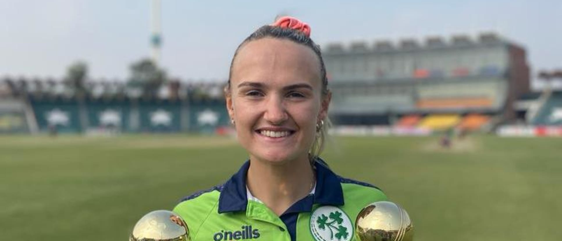 Gaby Lewis with Player of the Match and Player of the Series trophies (Pic credit: Ireland cricket)