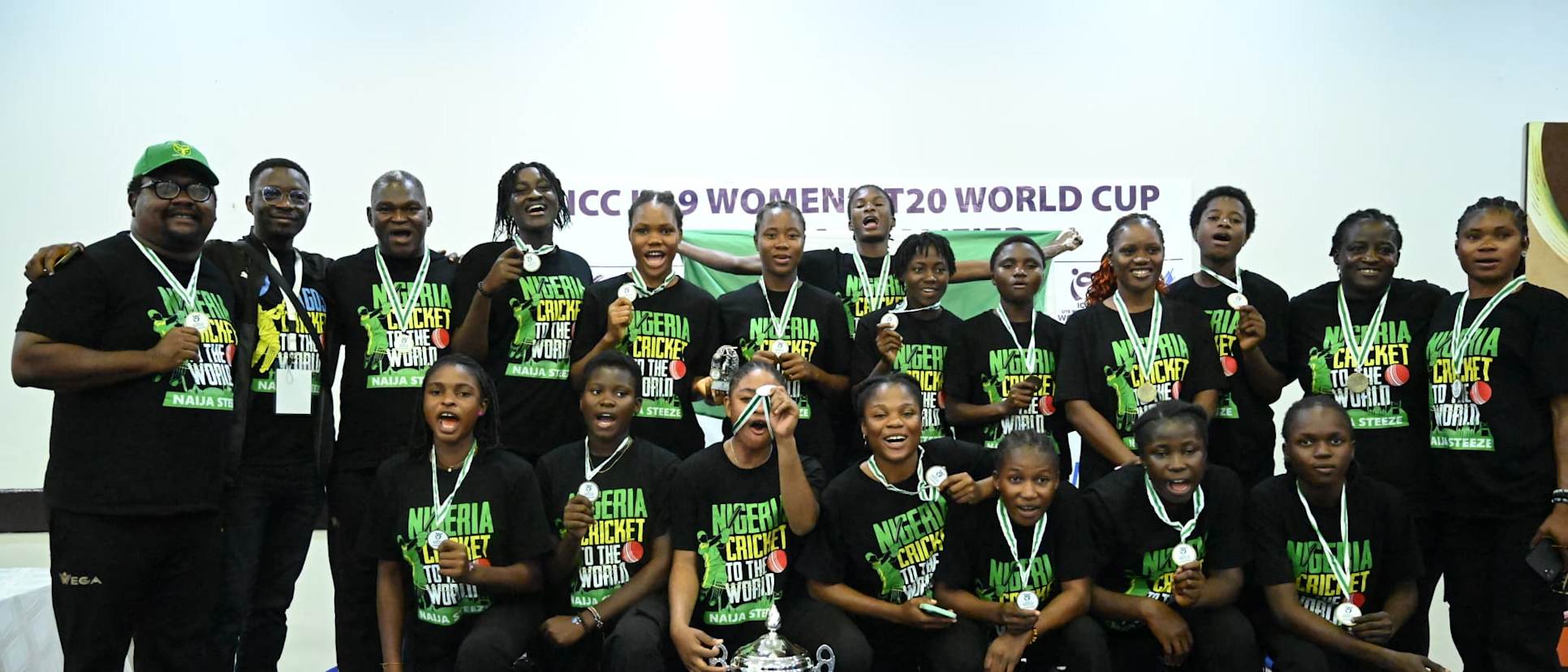 Nigeria show off their champion medals after winning the ICC U19 Women's T20 World Cup Africa Qualifier in Kigali to secure a ticket to Malaysia