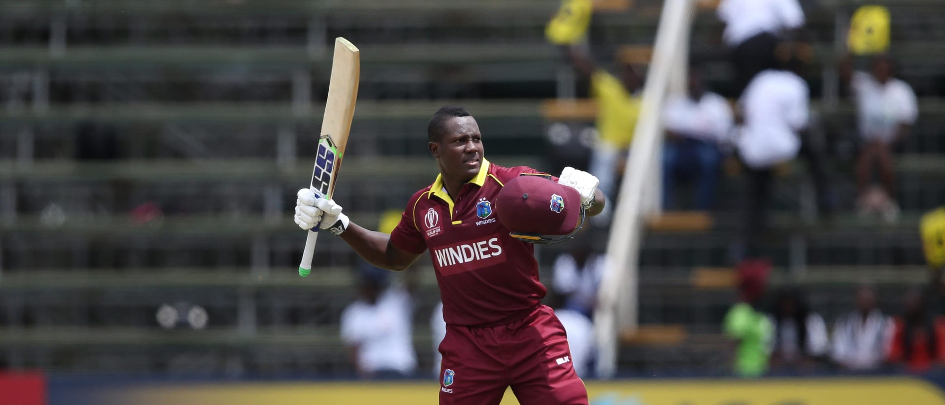 Rovman Powell of The West Indies celebrates his century during The ICC Cricket World Cup Qualifier between The West Indies and Ireland at The Harare Sports Club on March 10, 2018 in Harare, Zimbabwe (©ICC).