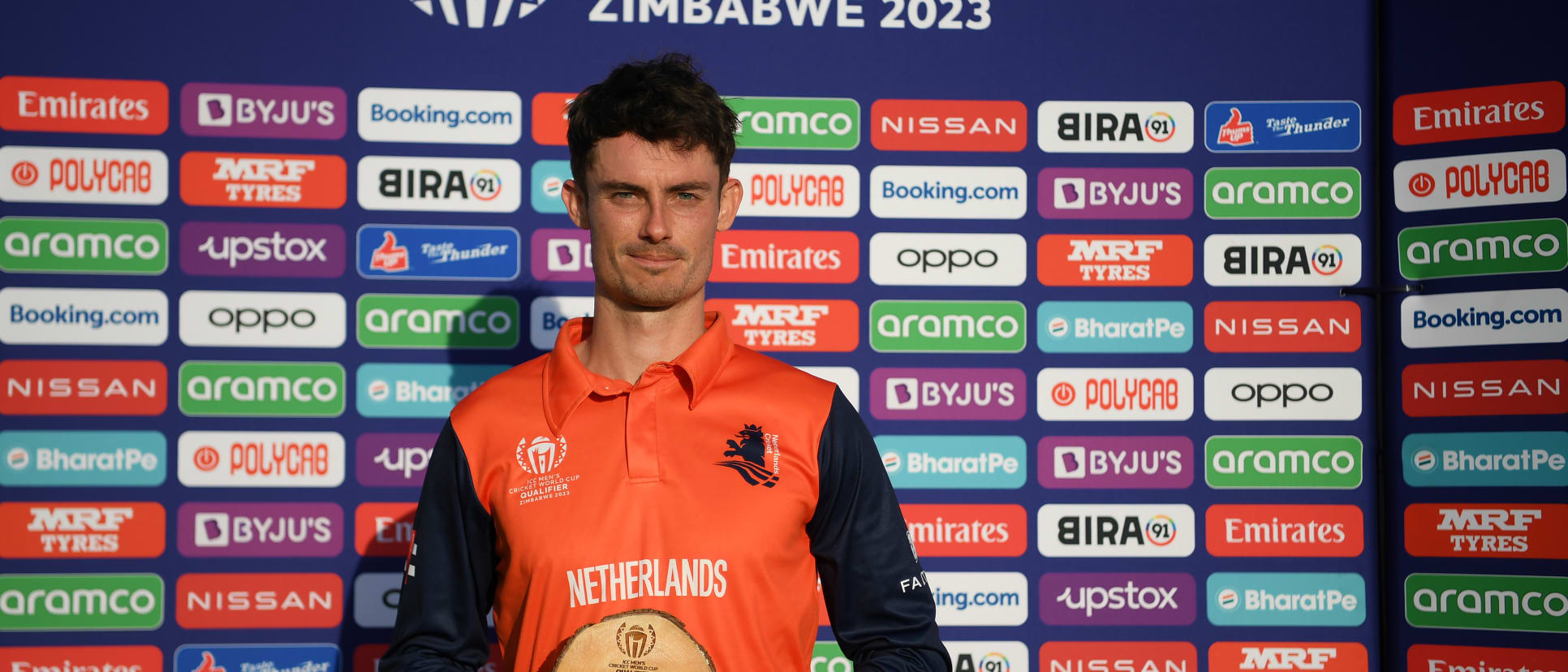 Scott Edwards of the Netherlands poses after being named Player of the Match following the ICC Men's Cricket World Cup Qualifier Zimbabwe 2023 match between the Netherlands and USA at Takashinga Cricket Club on June 22, 2023 in Harare, Zimbabwe.