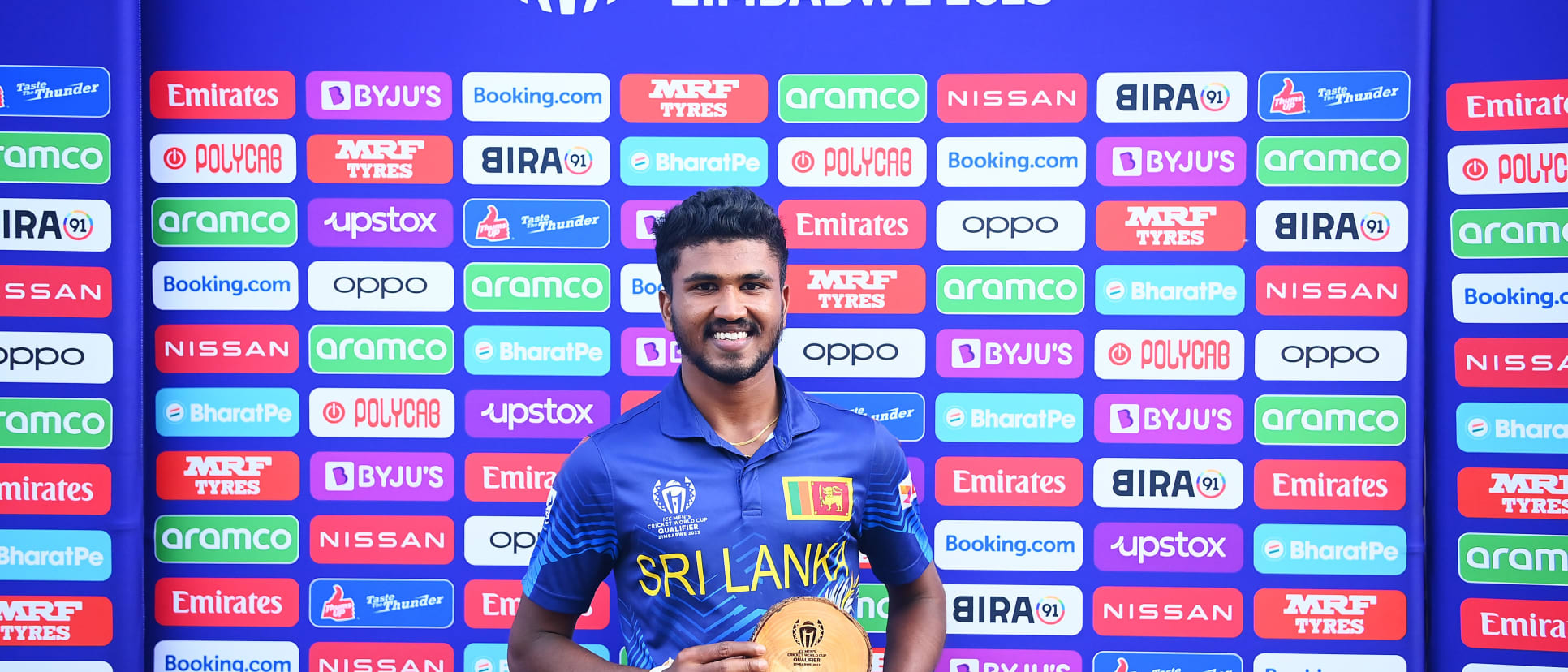 Dilshan Madushanka of Sri Lanka is awarded Player of the Match following the ICC Men´s Cricket World Cup Qualifier Zimbabwe 2023 Final between Sri Lanka and Netherlands at Harare Sports Club on July 09, 2023 in Harare, Zimbabwe.