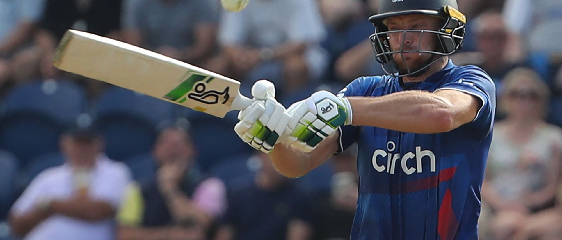 Jos Buttler plays a shot during the first One Day International cricket match between England and New Zealand at Sophia Gardens in Cardiff, south Wales on September 8, 2023.