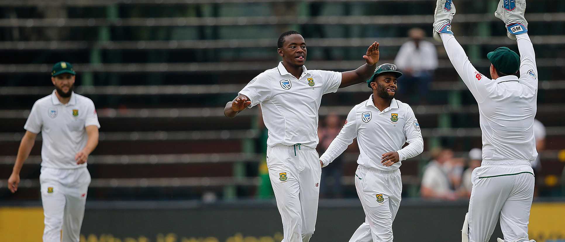 Kagiso Rabada celebrating the wicket of Kusal Mendis