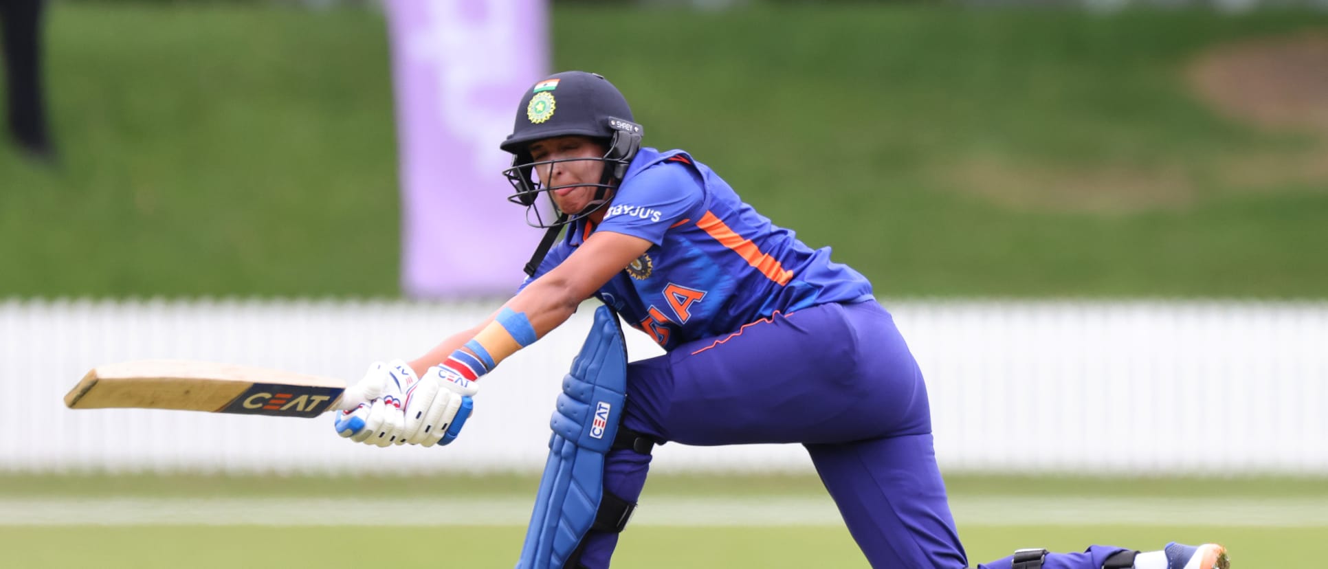 Harmanpreet Kaur of India on her way to a score of 104 during the 2022 ICC Women's Cricket World Cup warm up match between India and South Africa at Rangiora Oval on February 27, 2022 in Christchurch, New Zealand.