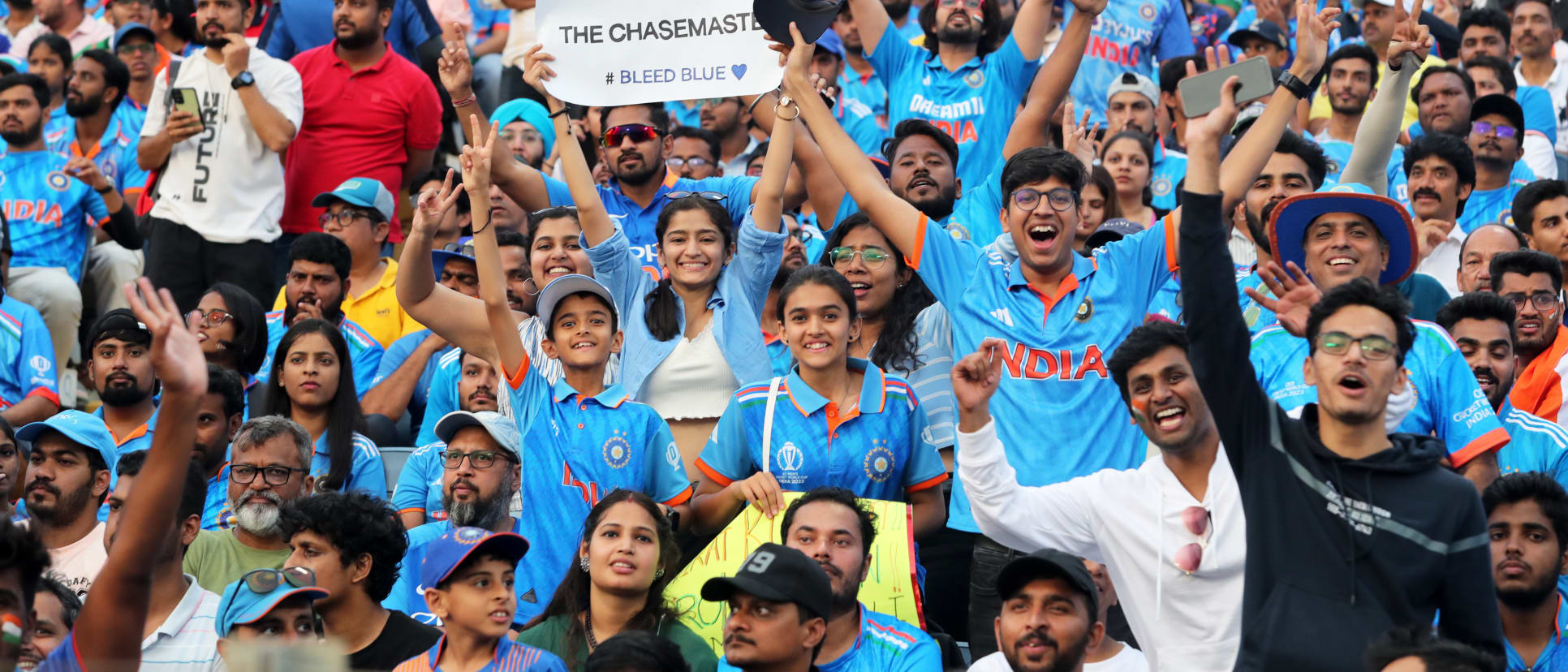 Spectators react in the crowd during the ICC Men's Cricket World Cup India 2023 between India and Bangladesh at MCA International Stadium on October 19, 2023 in Pune, India.