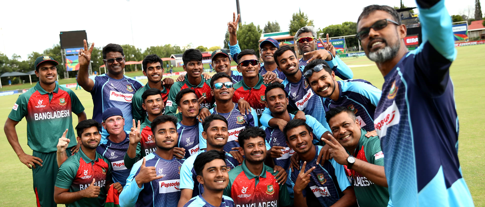 Bangladesh players and coaching staff pose for a selfie during the ICC U19 Cricket World Cup Super League Semi-Final match between New Zealand and Bangladesh at JB Marks Oval on February 06, 2020 in Potchefstroom, South Africa.