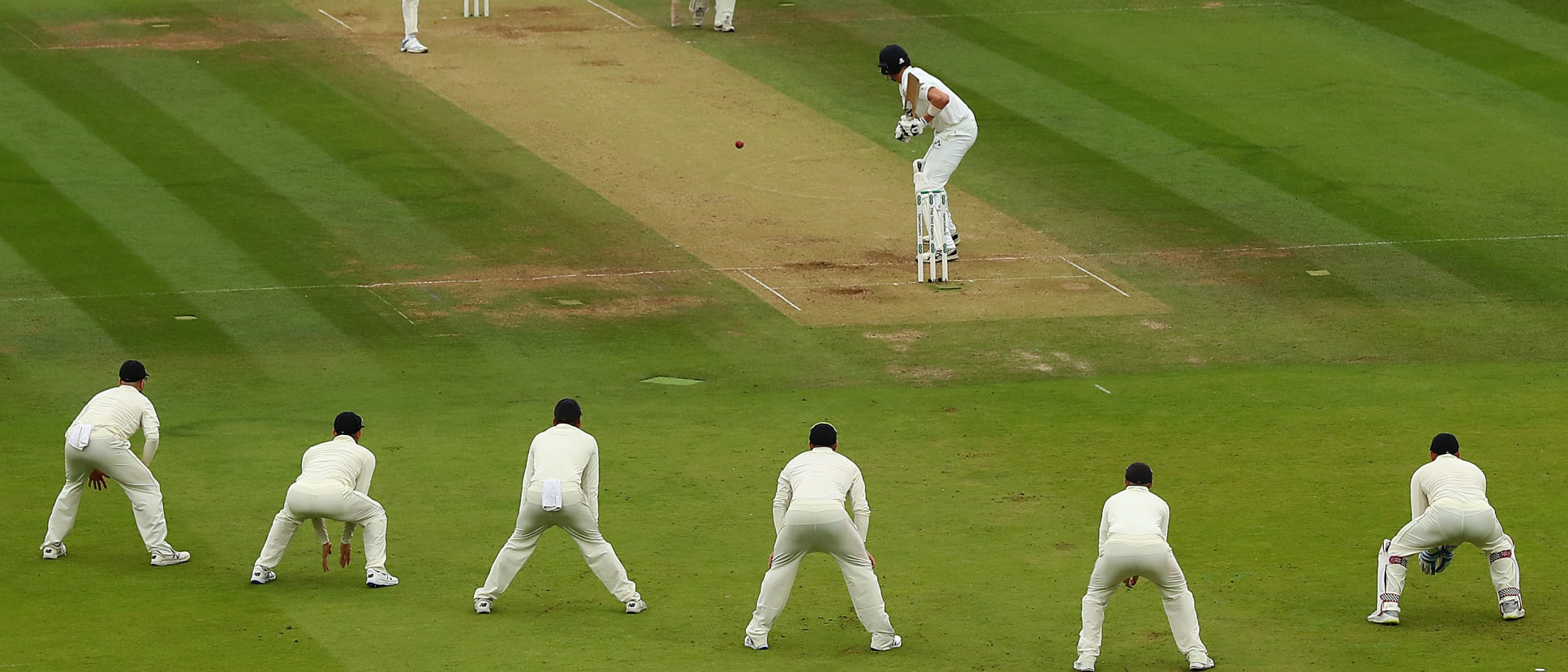 Broad bowling to a packed slip cordon