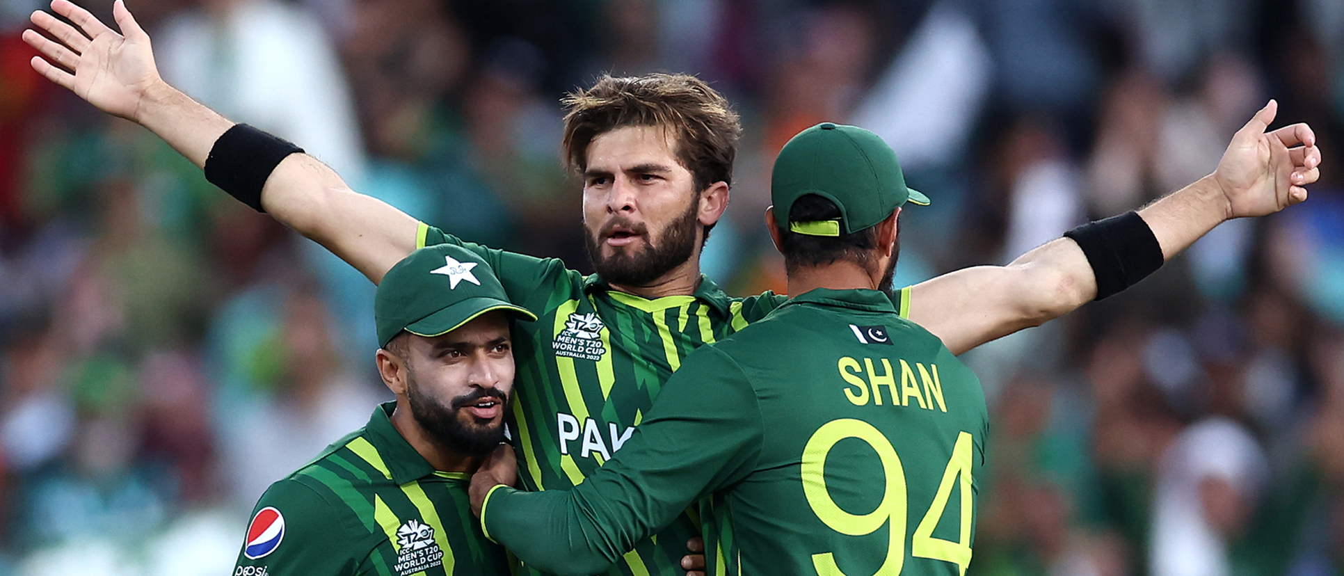 Shaheen Shah Afridi of Pakistan celebrates the wicket of Finn Allen of New Zealand for 4 runs during the ICC Men's T20 World Cup Semi Final match between New Zealand and Pakistan 1920x1080