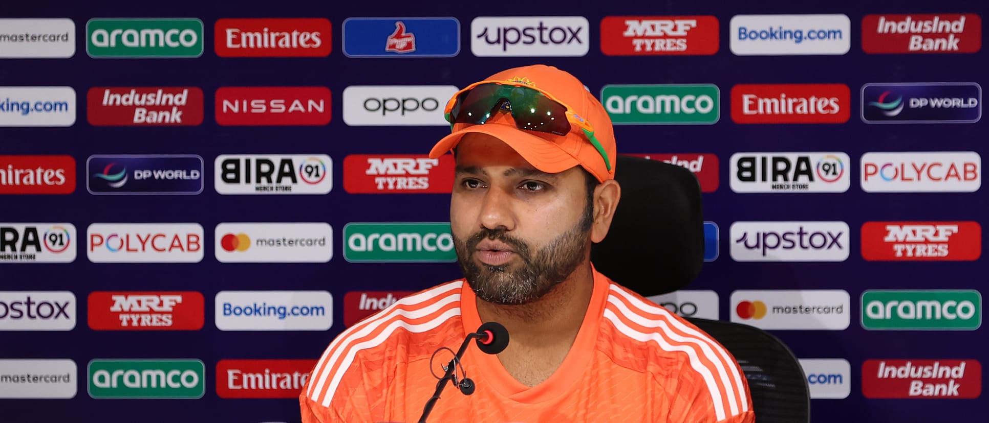 Rohit Sharma, Captain of India pictured during a Press Conference ahead of the ICC Men's Cricket World Cup India 2023 India & Australia Net Sessions at MA Chidambaram Stadium on October 07, 2023 in Chennai, India.