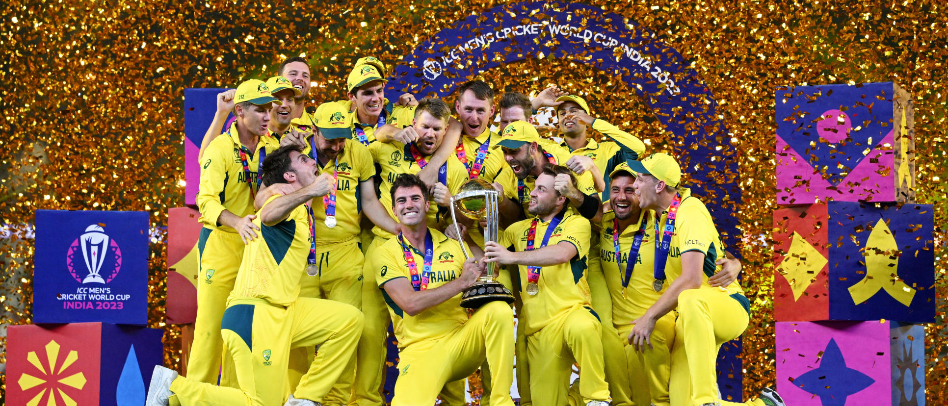 Pat Cummins of Australia lifts the ICC Men's Cricket World Cup Trophy following the ICC Men's Cricket World Cup India 2023 Final between India and Australia at Narendra Modi Stadium on November 19, 2023 in Ahmedabad, India.