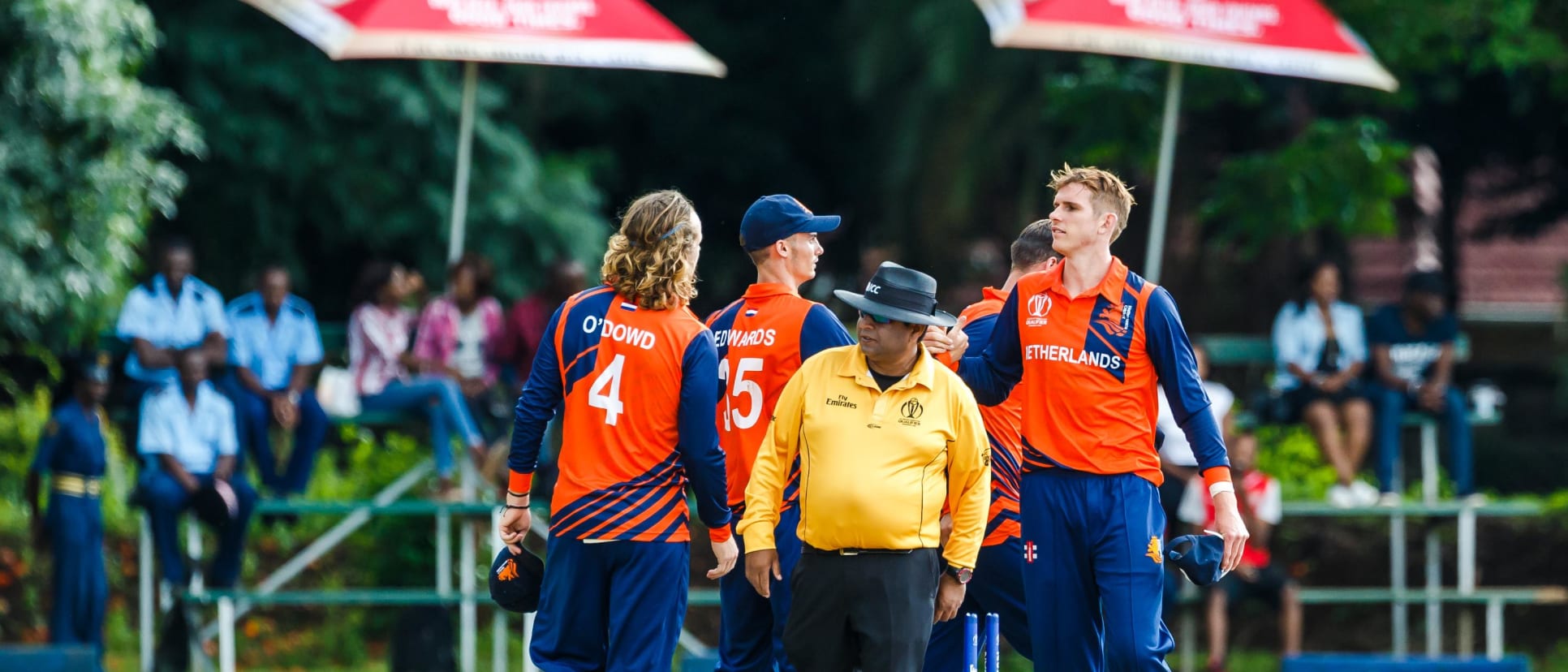 Dutch players celebrate victory after a Group A World Cup Qualifier cricket match played between Papua New Guinea and the Netherlands at Old Hararians Sports Club in Harare March 10 2018 (©ICC).