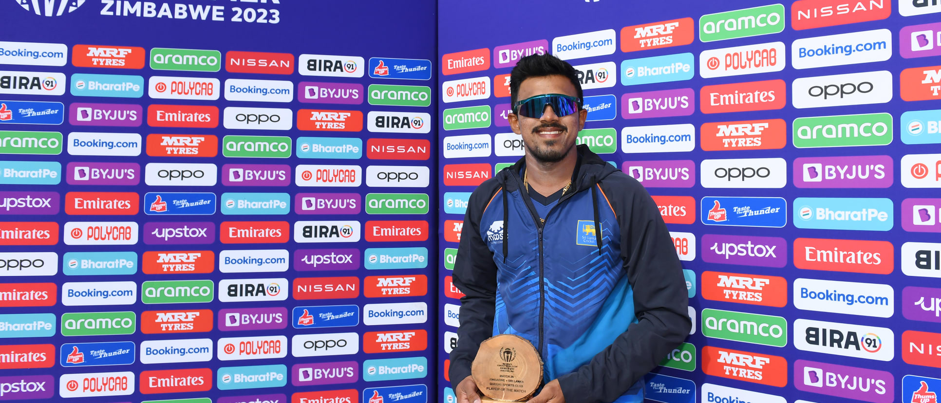 Maheesh Theekshana of Sri Lanka poses for a photo while holding the Player of the Match award after winning the ICC Men's Cricket World Cup Qualifier Zimbabwe 2023 Super 6 match between Zimbabwe and Sri Lanka at Queen’s Sports Club on July 02, 2023.