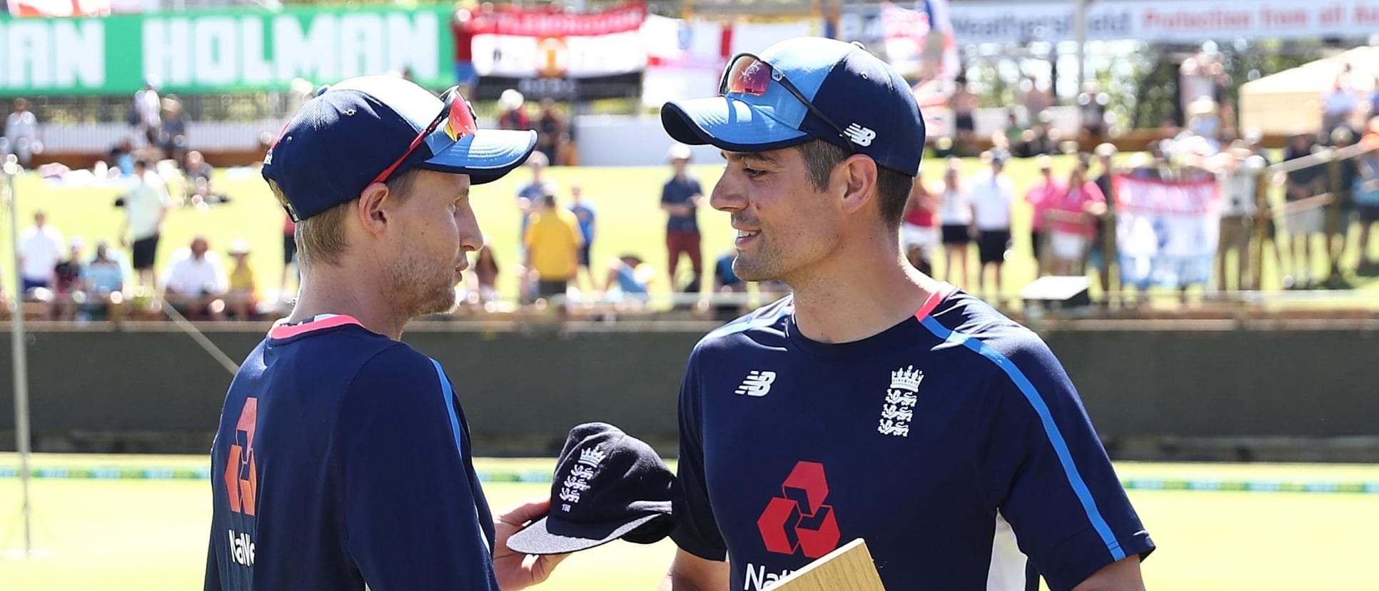 Joe Root presented Alastair Cook with his 150th Test cap ahead of the third Test of the 2017-18 Ashes in Perth