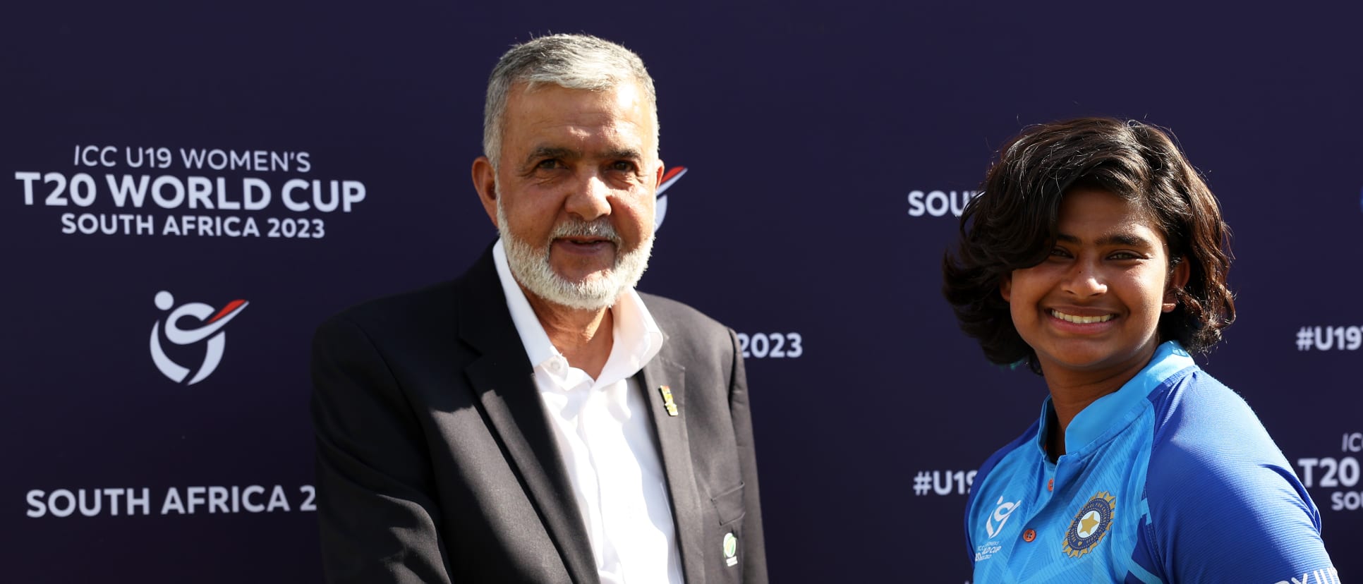 Titas Sadhu of India poses after being named Player of the Match following the ICC Women's U19 T20 World Cup 2023 Final match between India and England at JB Marks Oval on January 29, 2023 in Potchefstroom, South Africa.