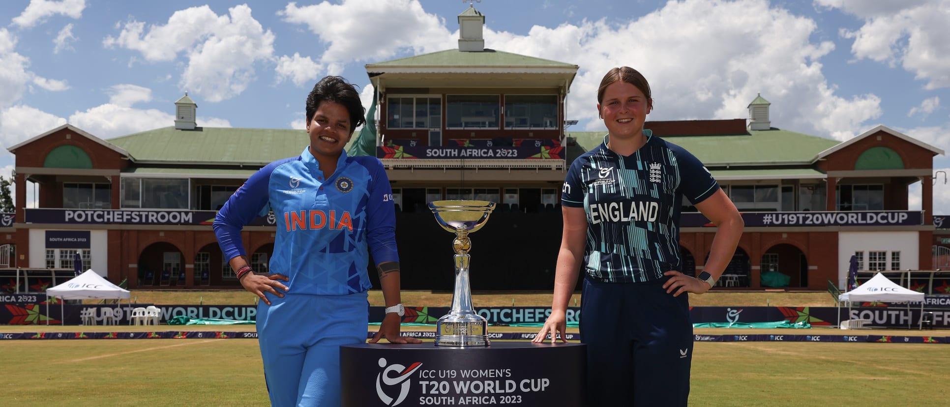 Shafali Verma, Captain of India and Grace Scrivens, Captain of England pictured with the trophy prior to the ICC Women's U19 T20 World Cup 2023 Final at JB Marks Oval on January 28, 2023 in Potchefstroom, South Africa.