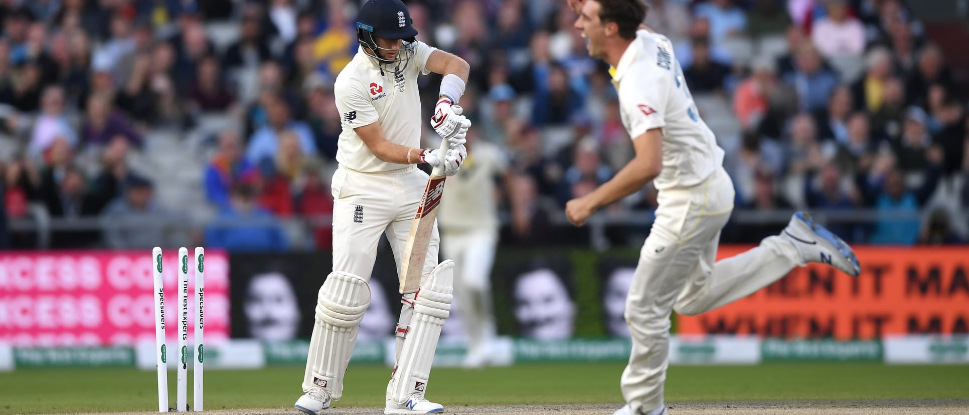 Joe Root was clean bowled first ball by Pat Cummins
