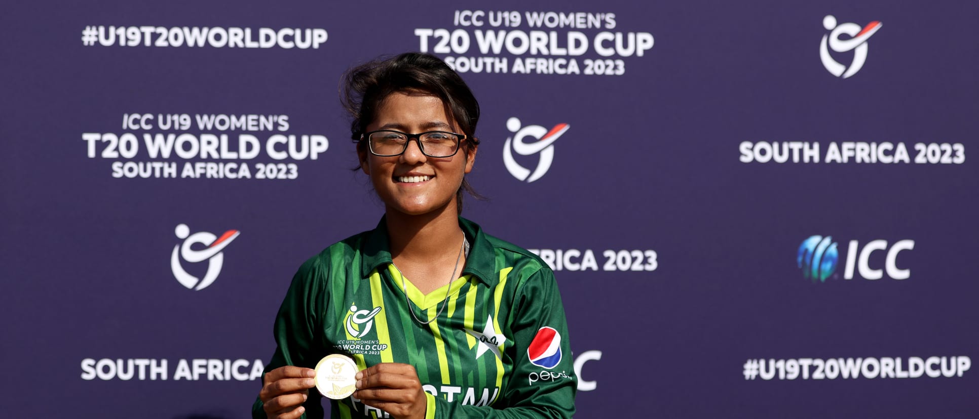 Anosha Nasir of Pakistan poses after being named Player of the Match following the ICC Women's U19 T20 World Cup 2023 Super 6 match between Pakistan and Ireland at North-West University Oval on January 23, 2023 in Potchefstroom, South Africa.