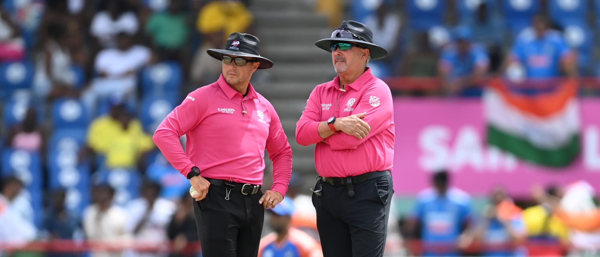 Umpires Richard Illingworth and Richard Kettleborough during the ICC Men's T20 Cricket World Cup West Indies & USA 2024 Super Eight match between Australia and India at Daren Sammy National Cricket Stadium on June 24, 2024 in Gros Islet, Saint Lucia.