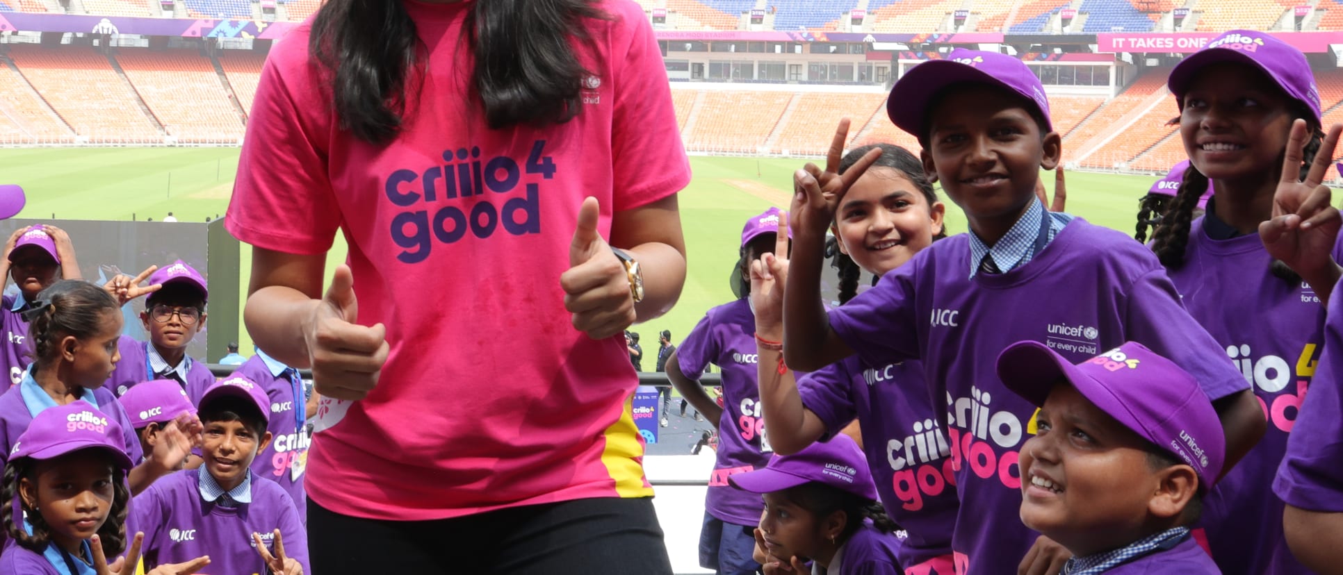 India vice-captain Smriti Mandhana teaches the first Criiio 4 Good learning modules to 1000 children at Narendra Modi Stadium.