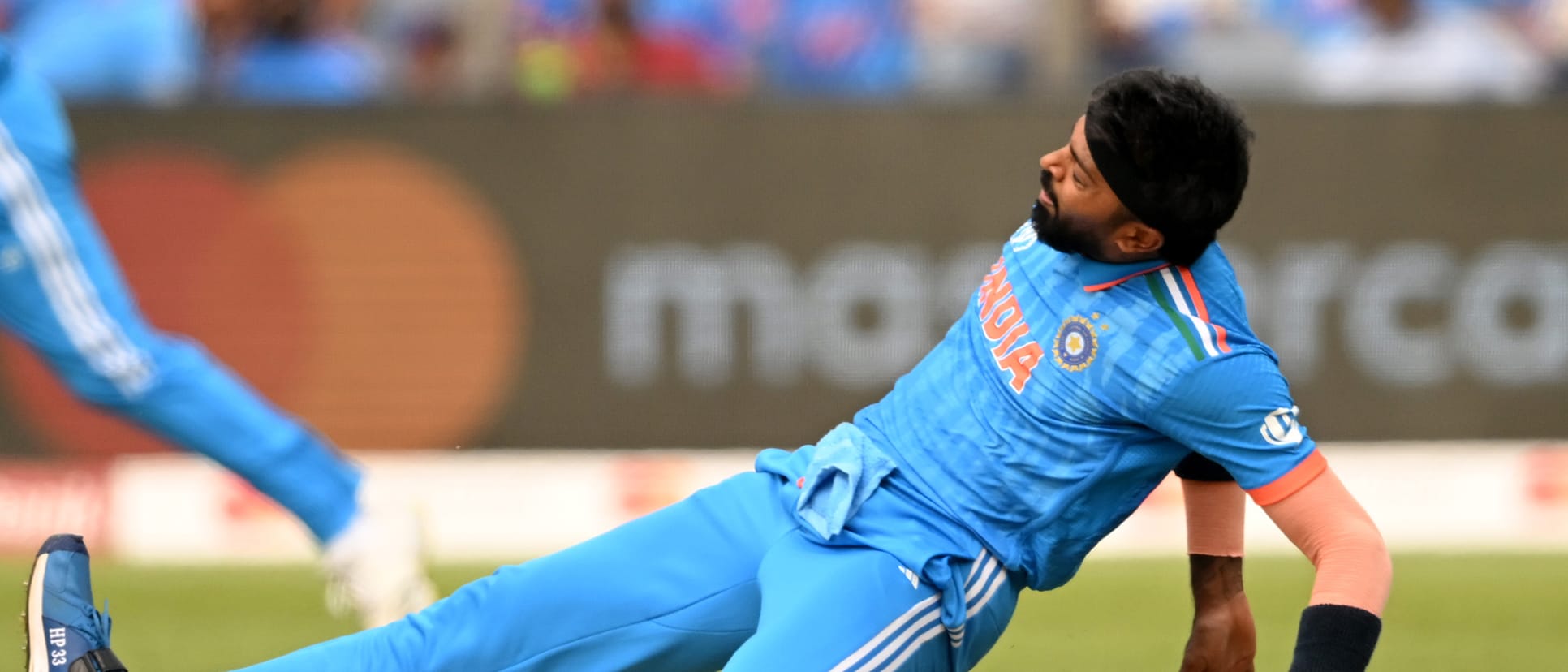 Hardik Pandya of India reacts in their follow through after bowling during the ICC Men's Cricket World Cup India 2023 between India and Bangladesh (2)