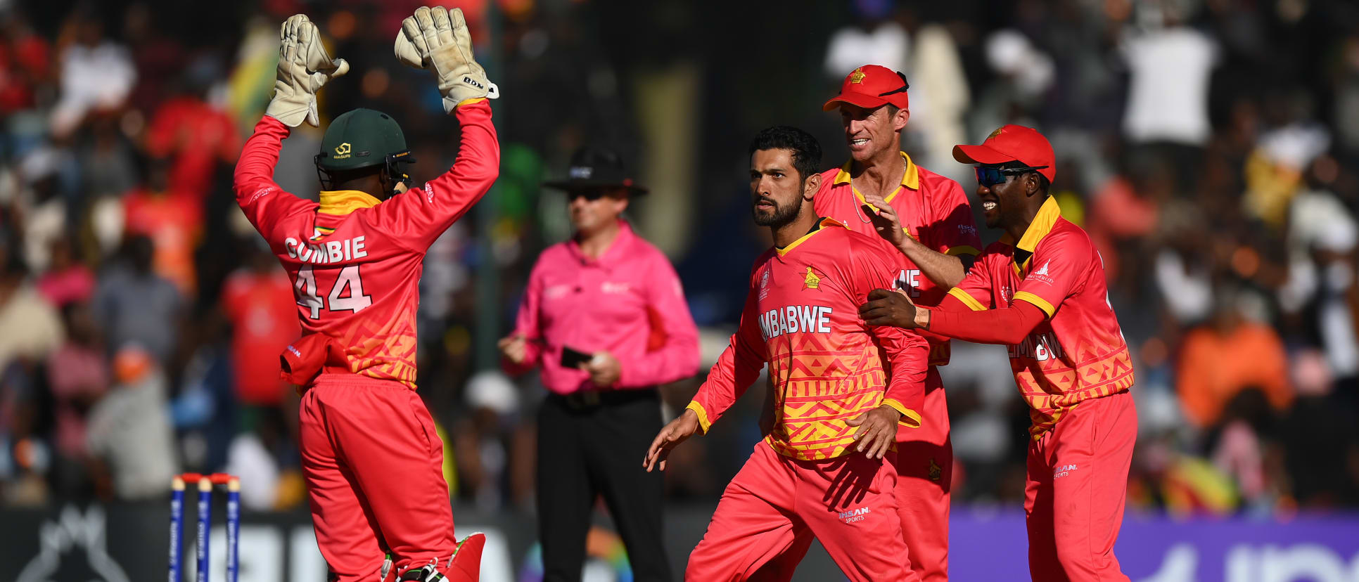 Sikandar Raza of Zimbabwe celebrates the wicket of Shai Hope of West Indies during the ICC Men's Cricket World Cup Qualifier Zimbabwe 2023 match between Zimbabwe and West Indies at Harare Sports Club on June 24, 2023 in Harare, Zimbabwe.