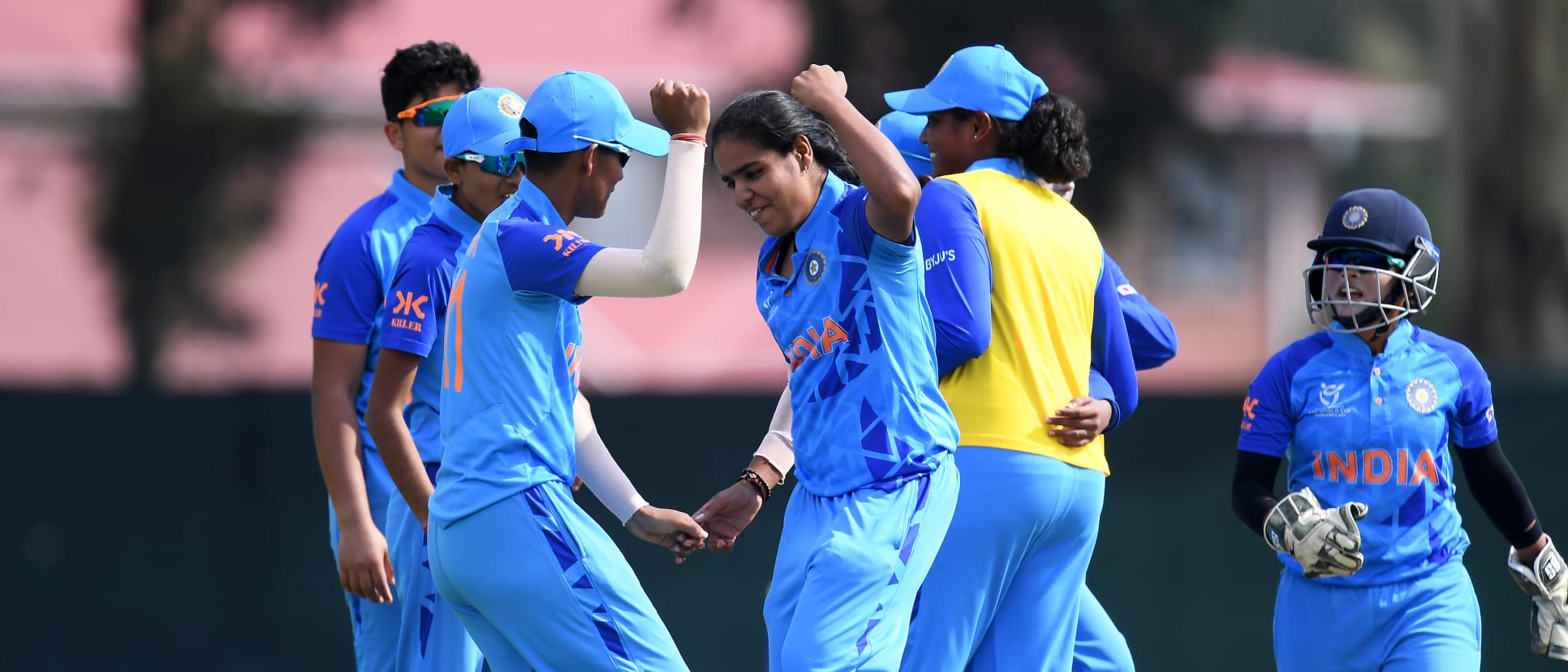 Mannat Kashyap of India celebrates the wicket of Emma Walsingham of Scotland during the ICC Women's U19 T20 World Cup 2023 match between India and Scotland at Willowmoore Park B Field on January 18, 2023 in Benoni, South Africa.