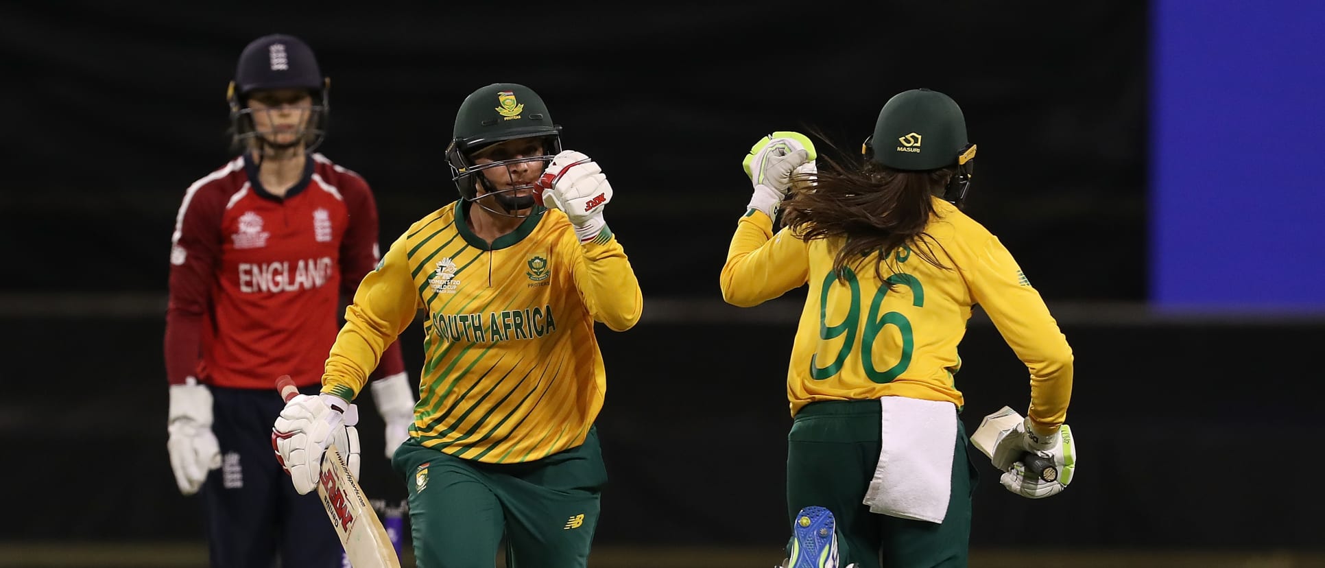 Mignon du Preez of South Africa and Sune Luus of South Africa celebrate after scoring the winning runs during the ICC Women's T20 Cricket World Cup match between England and South Africa at the WACA on February 23, 2020 in Perth, Australia.