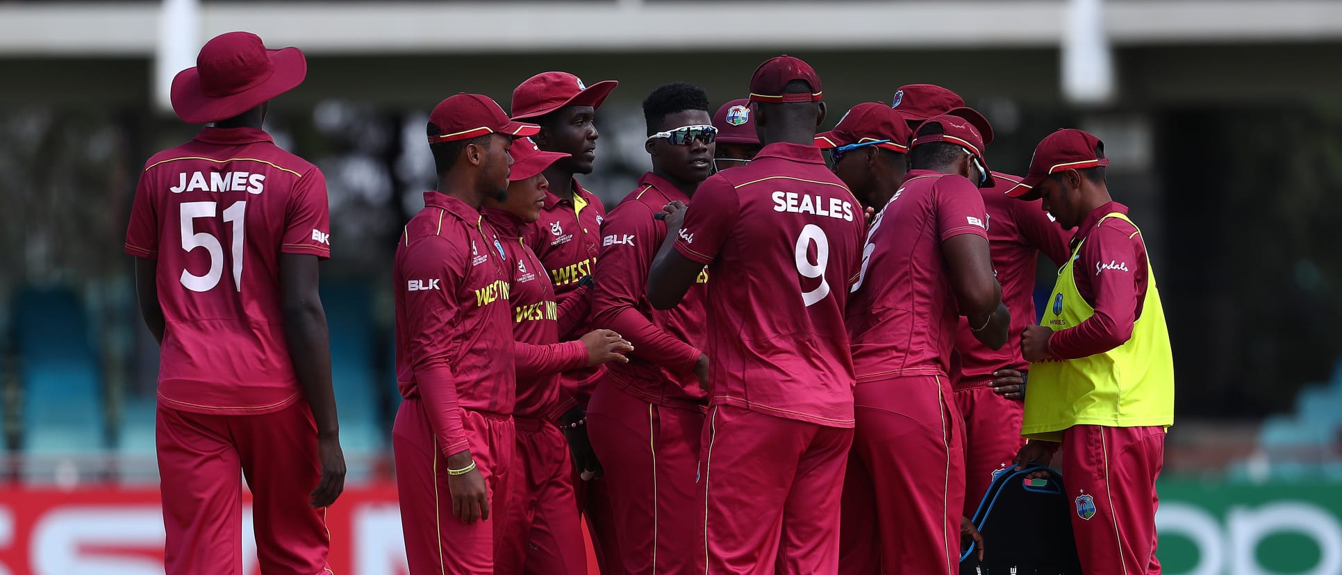 Ashmead Nedd of West Indies is congratulated on the wicket of Jordan Cox of England during the ICC U19 Cricket World Cup Group B match between England and West Indies at De Beers Diamond Oval on January 20, 2020 in Kimberley, South Africa.